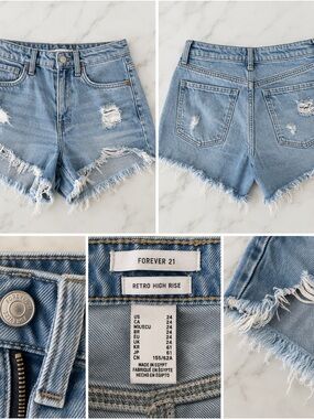 Forever 21 Light Wash High-Rise Frayed Denim Shorts